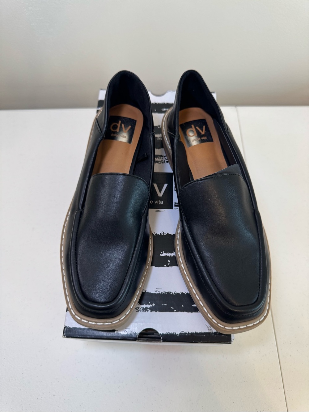 DV by Dolce Vita Black Leather Slip-On Loafers with Tan Welt
